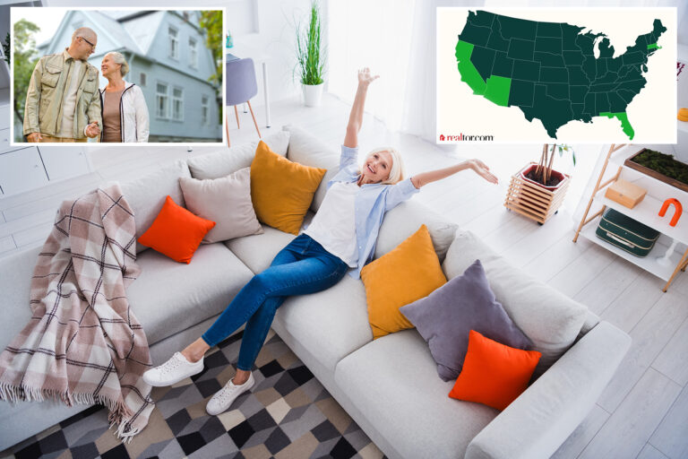 Photo portrait of charming retired woman raise hands sitting sofa done work relax stylish home decor living room modern apartment