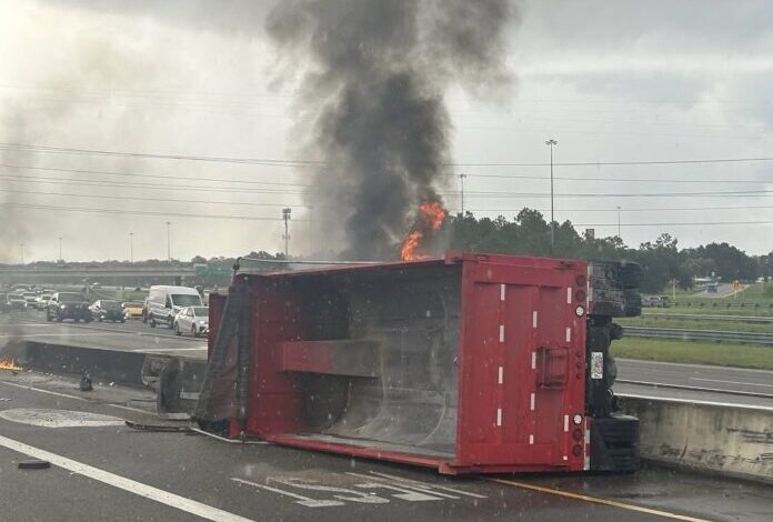 Urgent: Dump Truck Overturns and Catches Fire on I-4 Access Road