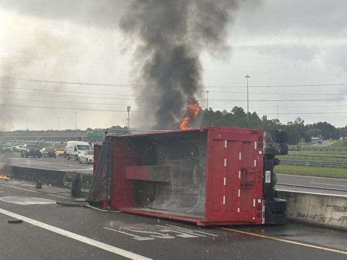 Urgent: Dump Truck Overturns and Catches Fire on I-4 Access Road