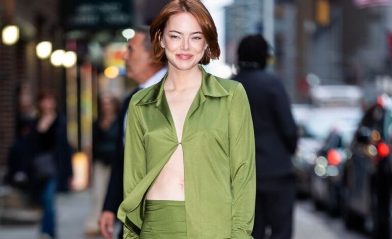 Emma Stone Stuns in Green Skirt Set on The Late Show Tonight