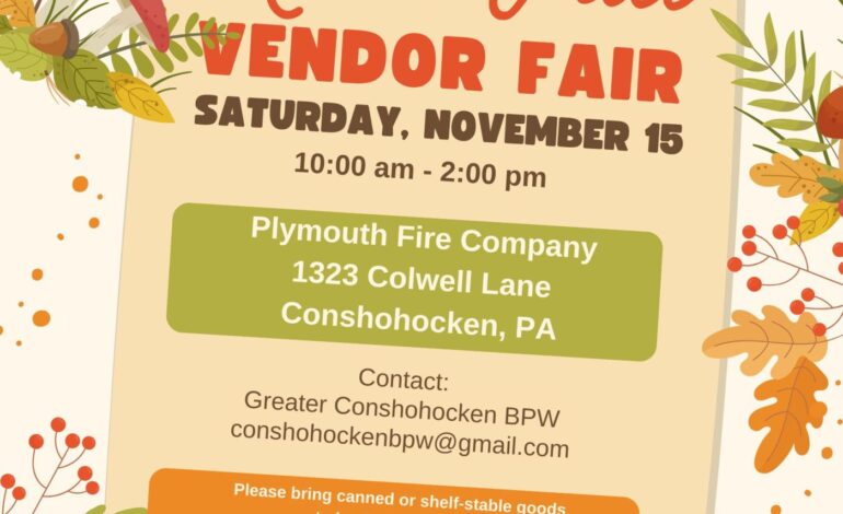 Conshohocken Vendor Fair Set for Nov. 15 at Plymouth Fire Co.