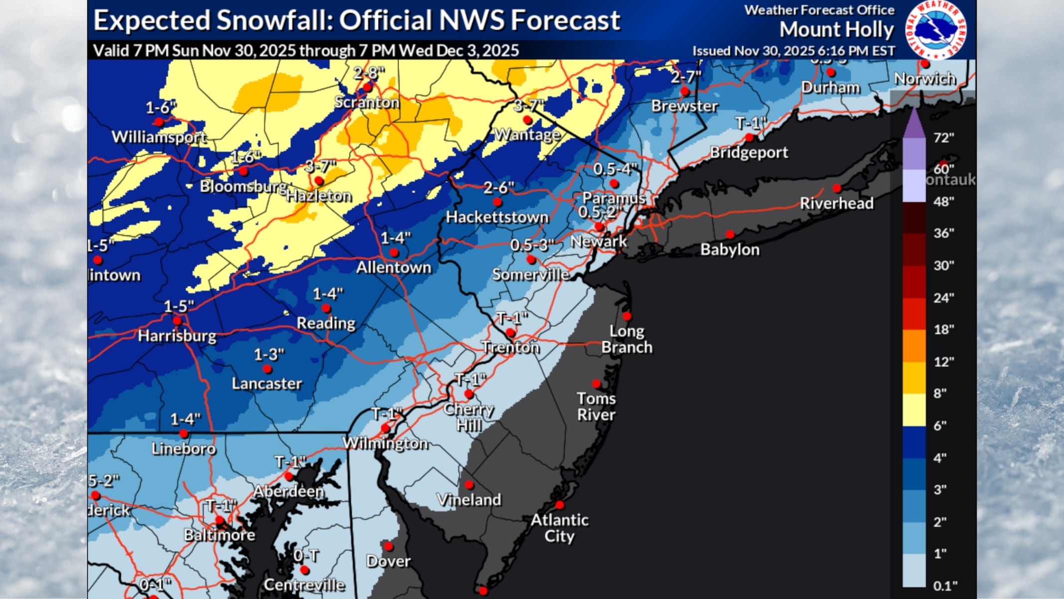 Coastal Storm to Bring Up to 8 Inches of Snow to N.J. Tuesday